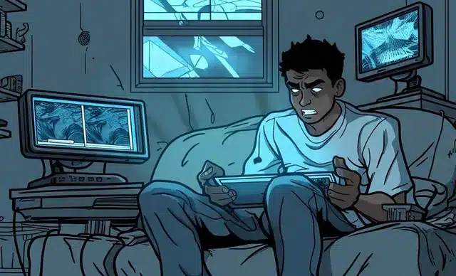 Uomo ansioso guarda un tablet di notte in una stanza buia circondato da schermi accesi, illustrazione sulla sindrome del mondo cattivo