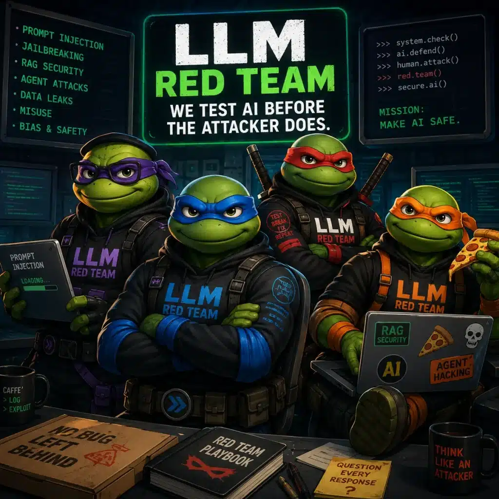 Team di personaggi in stile cartoon con tute “LLM Red Team”, immagine simbolica del testing avversariale dei sistemi di intelligenza artificiale.